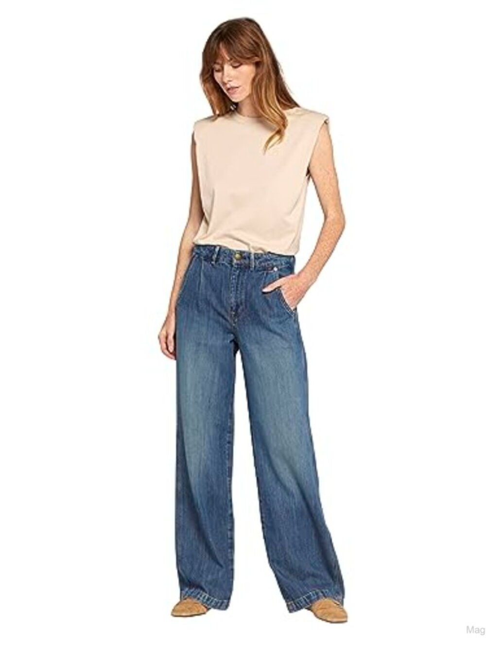 100% Cotton Wide Leg High Rise Pleated Front Jeans Relaxed Fit Casual